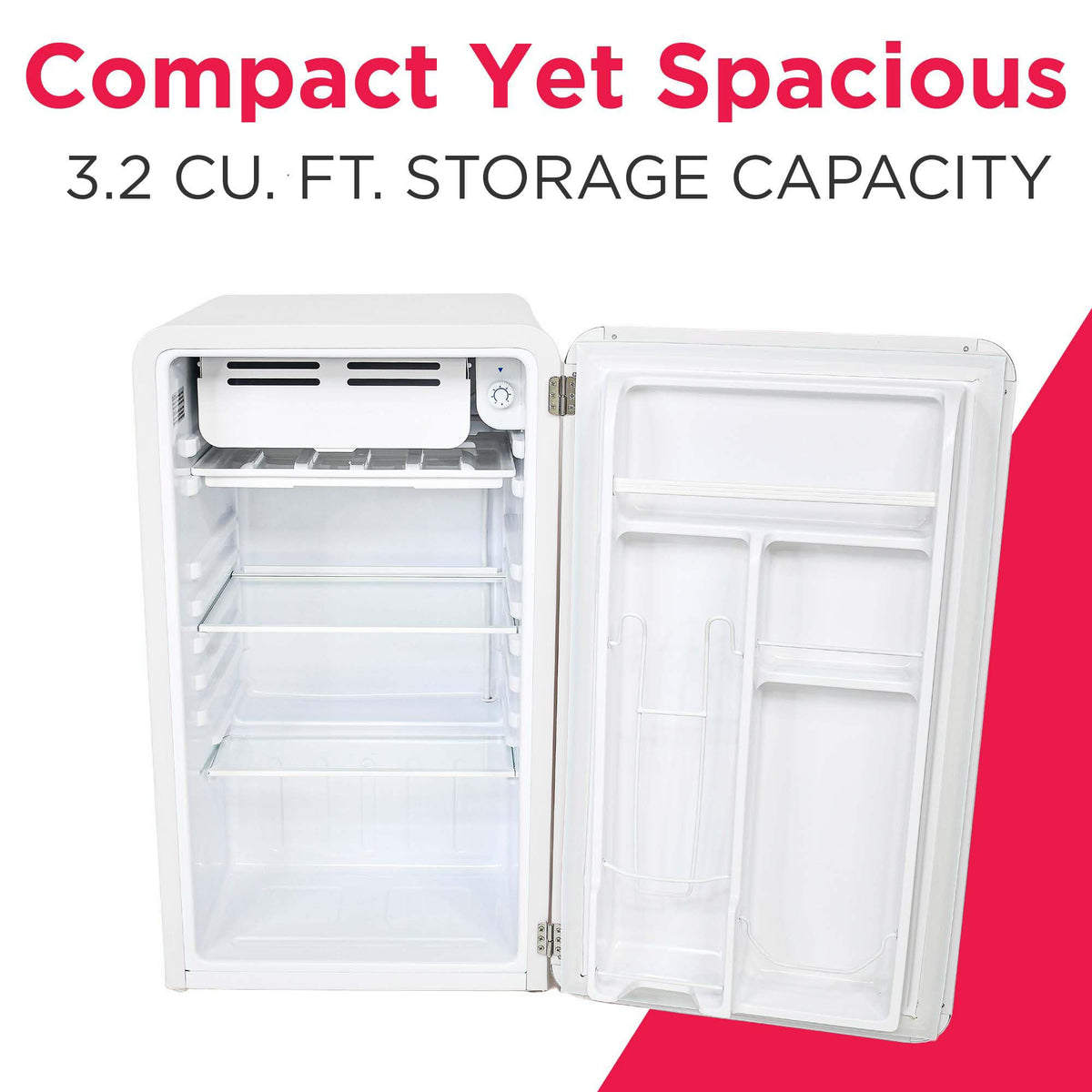 Frigidaire Retro Compact Refrigerator interior with removable shelves for flexible storage