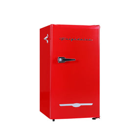 Frigidaire retro compact fridge in red front view, great for small spaces and beverages