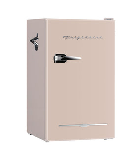 Frigidaire Retro Fridge coral front view showing compact, space-saving design for small spaces.