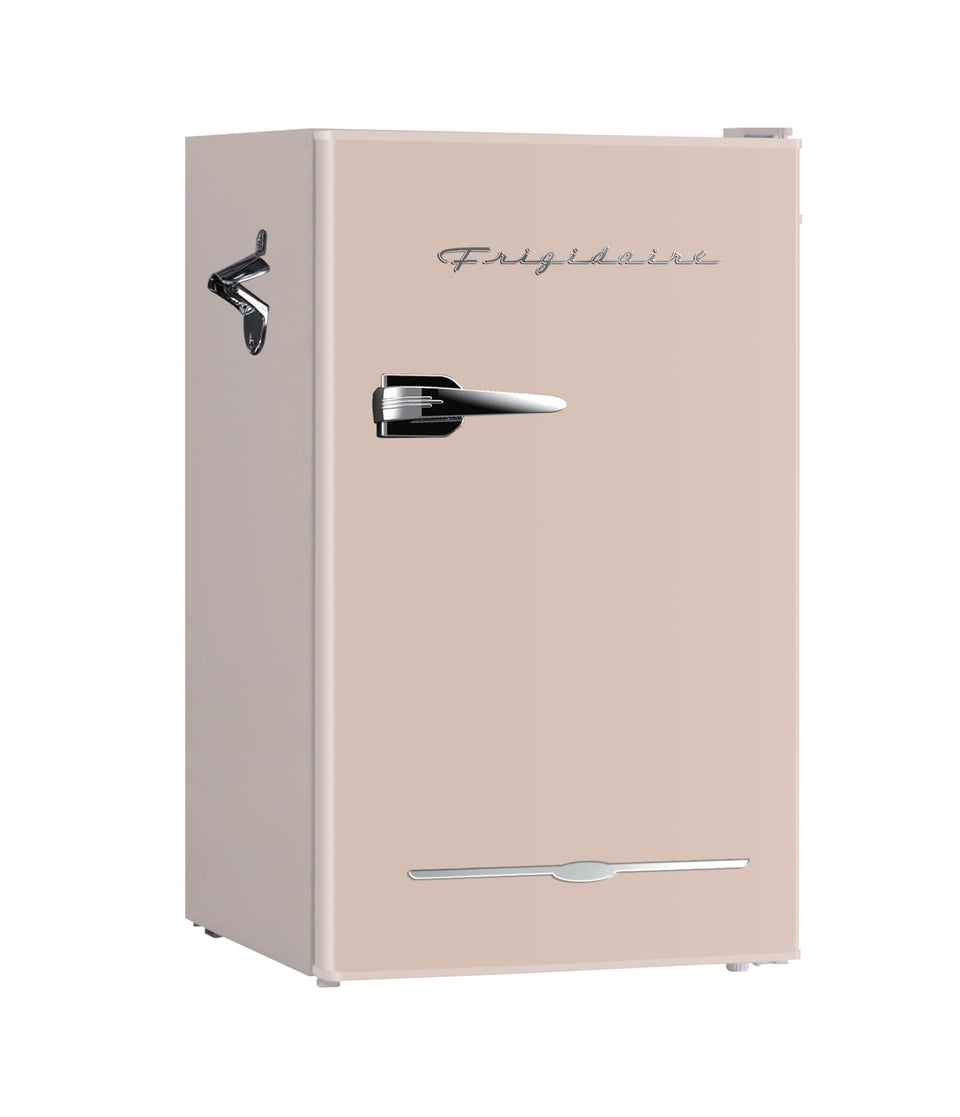 Frigidaire Retro Fridge coral front view showing compact, space-saving design for small spaces.