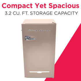 Frigidaire Retro Fridge coral interior with shelves for organized can and bottle storage.