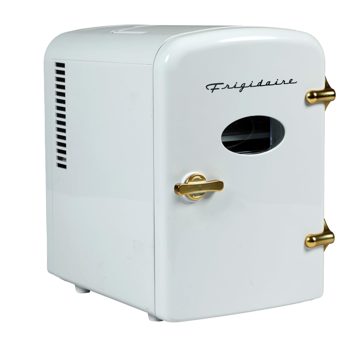 Frigidaire Retro Mini Fridge shows 9-can capacity for beverages.