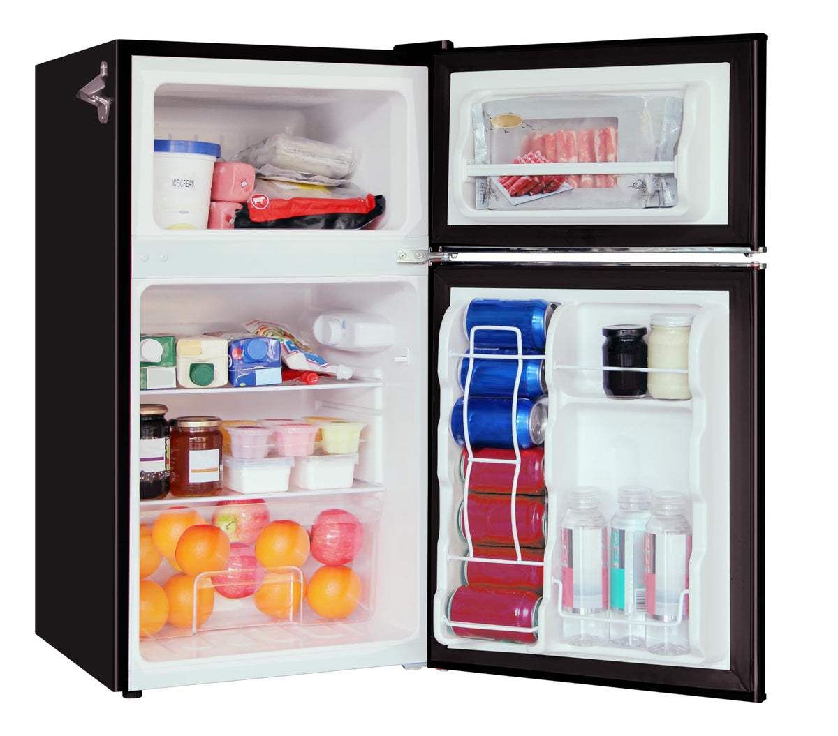 Frigidaire retro mini fridge interior storage shows two glass shelves and a clear crisper bin for produce