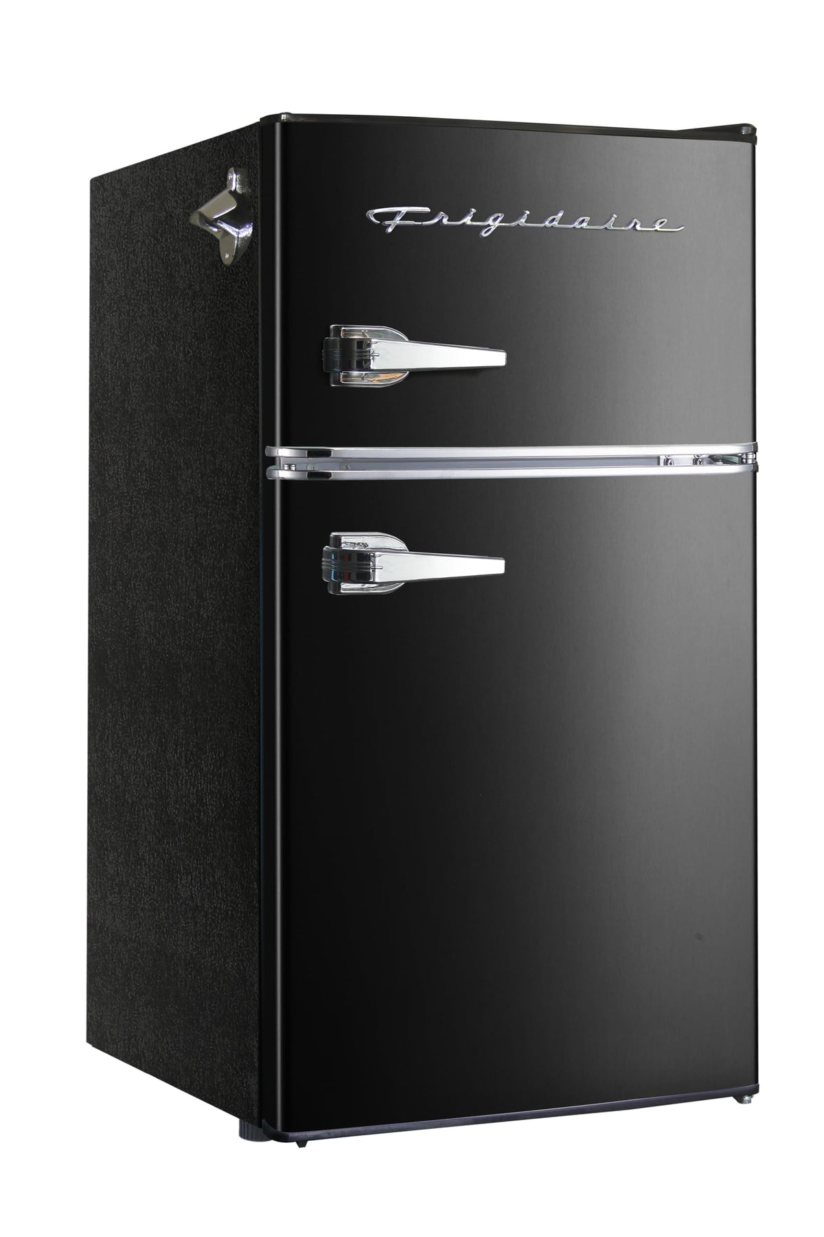 Frigidaire retro mini fridge side bottle opener demonstrates built-in convenience for quick drinks