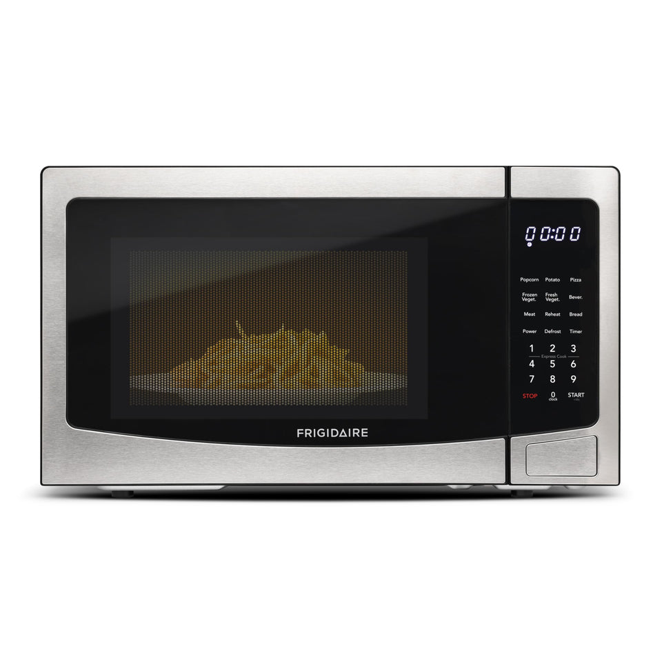 Frigidaire stainless steel microwave front view showing compact design for small kitchens