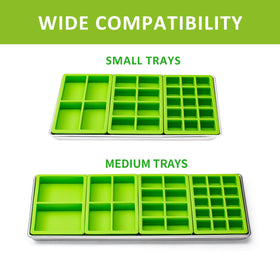 Friheten green divider fits Harvest Right small trays for organized batch processing.