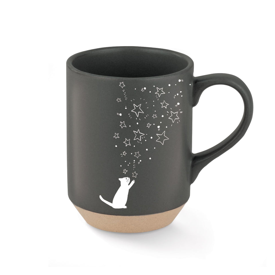 Fringe Celestial Cat mug, front view, 12 oz capacity for daily coffee.