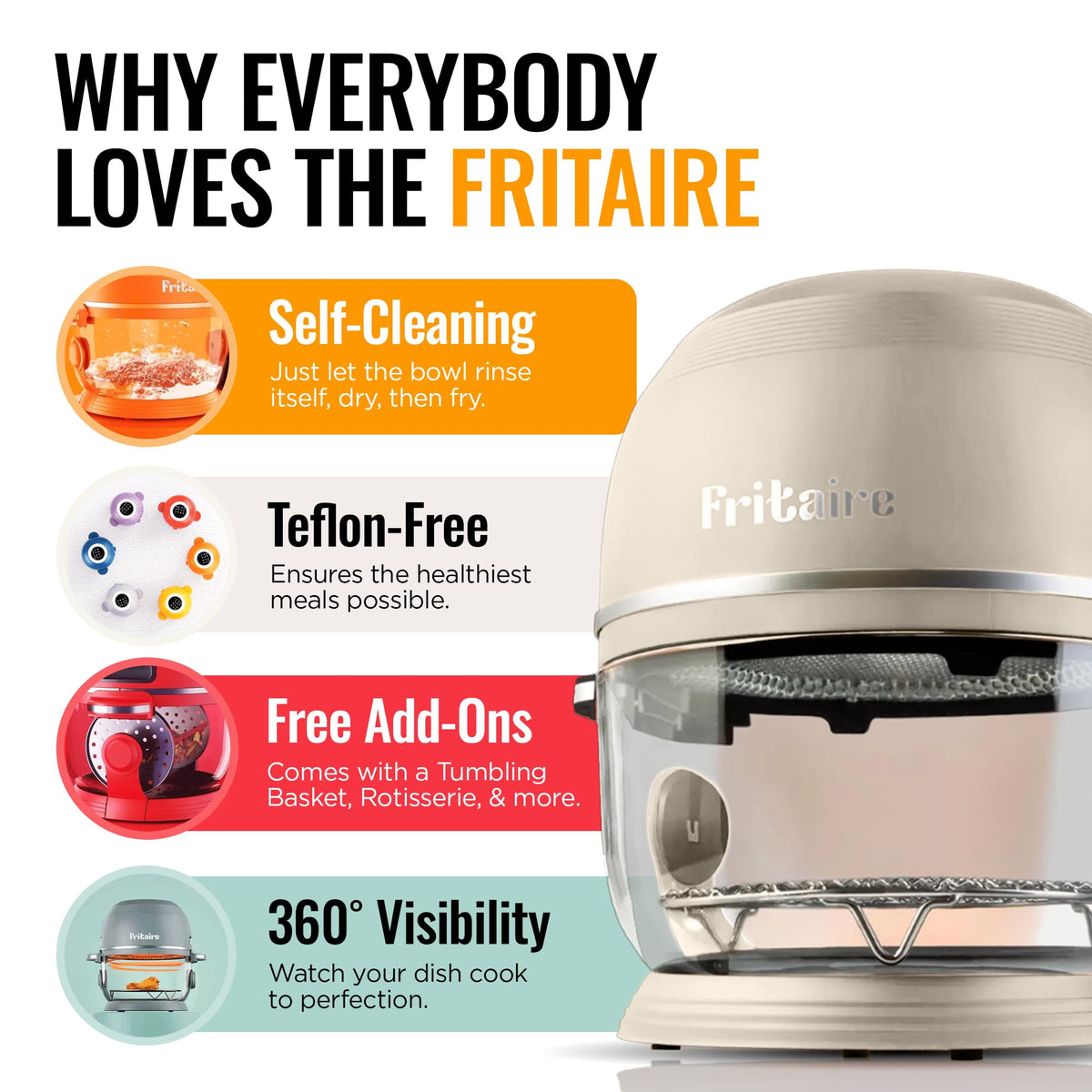 Fritaire Non-Toxic Air Fryer Pro glass bowl 360-view shows real-time browning.