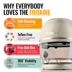 Fritaire Non-Toxic Air Fryer Pro glass bowl 360-view shows real-time browning.