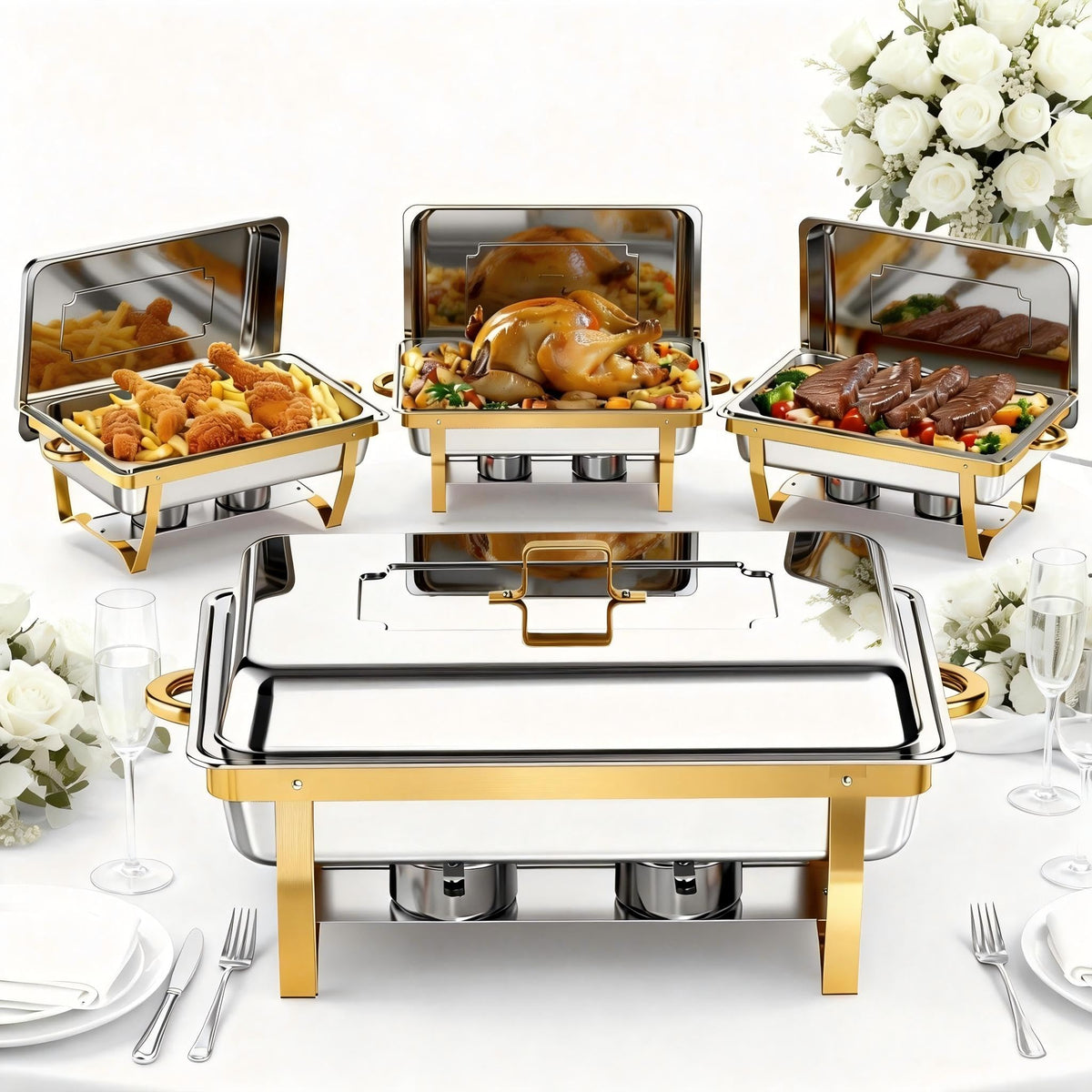 Frizoky 4-pack chafing dishes with gold and silver design for elegant buffets