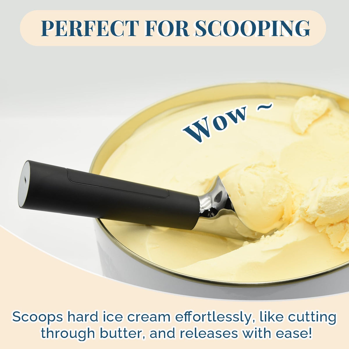 FrostJoy scoop heats to 158°F for smooth, rock-hard ice cream.