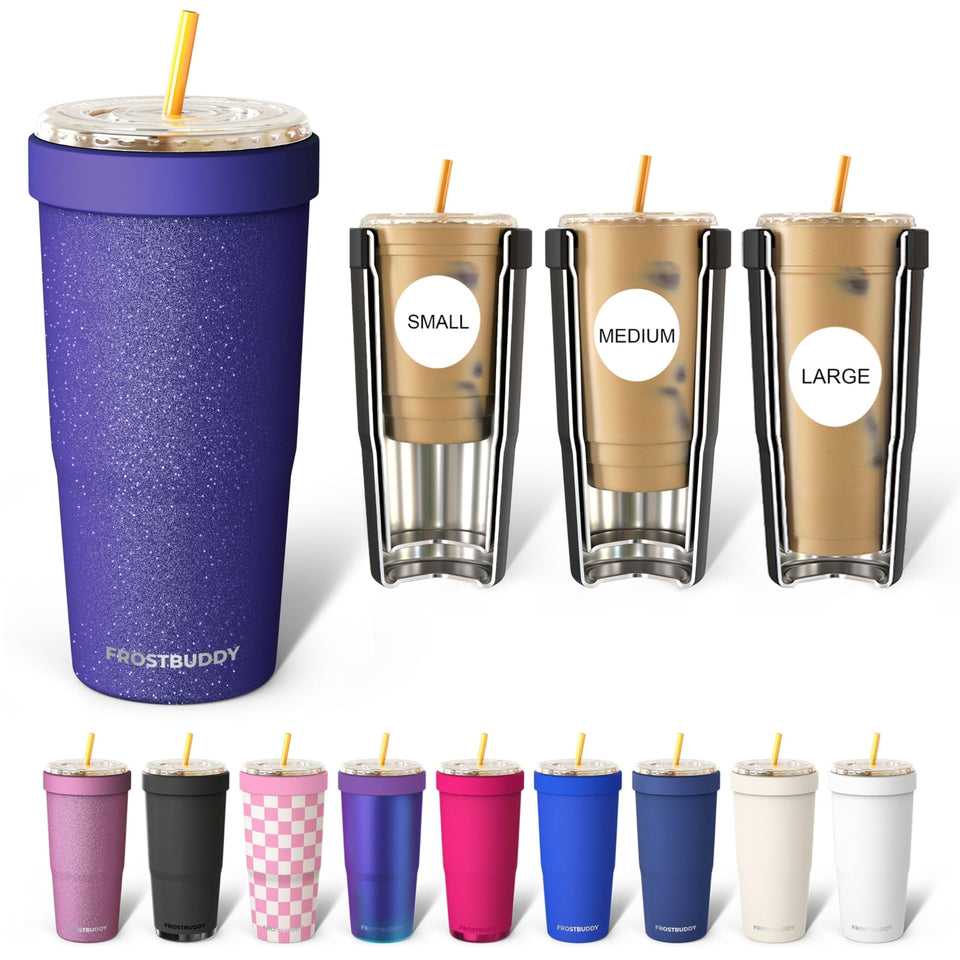 Frost Buddy Togo Buddy 30 oz tumbler with purple glitz finish and spill-proof flip lid