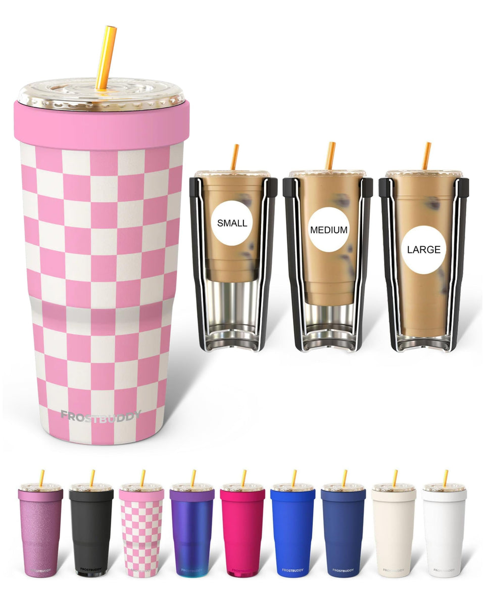 Frost Buddy Togo Buddy 30 oz pink checkered tumbler for stylish on-the-go iced coffee