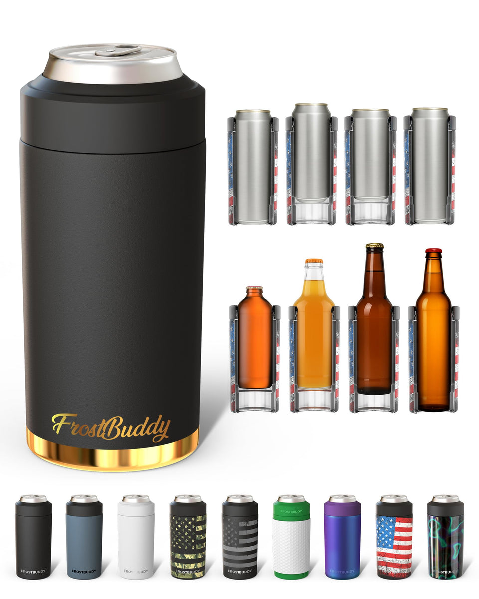 Frost Buddy universal cooler fits 12oz and 16oz cans for versatile cooling.