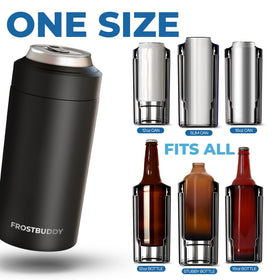 Frost Buddy universal can cooler adapts to 16oz cans and bottles for all-day cooling.