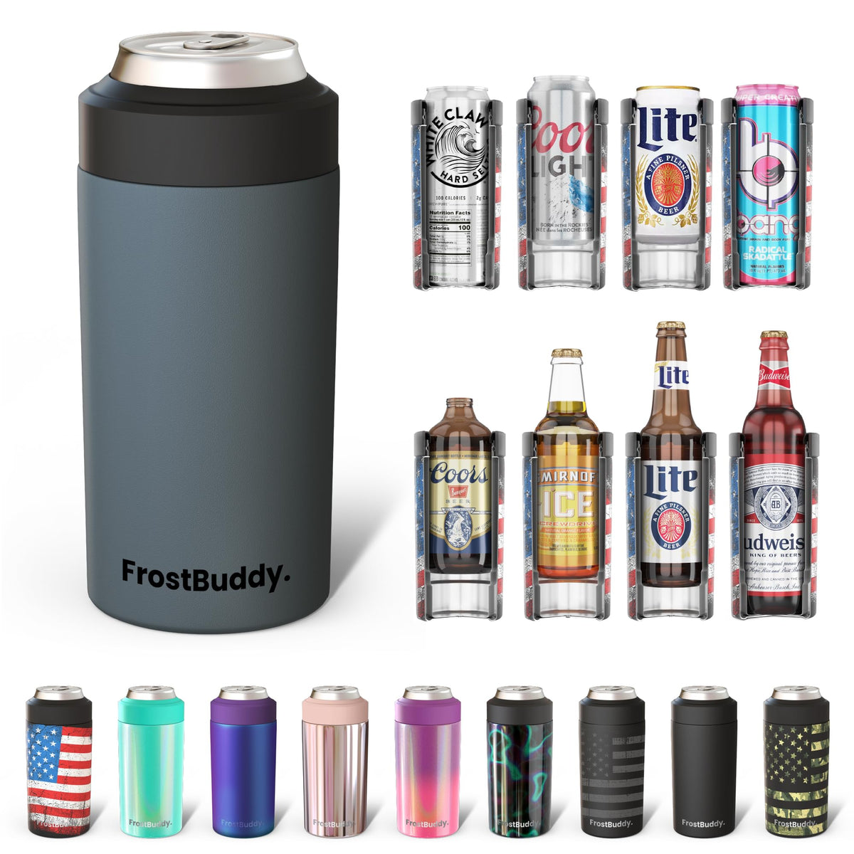 Frost Buddy universal can cooler in charcoal keeps drinks cold and fits multiple sizes on the go