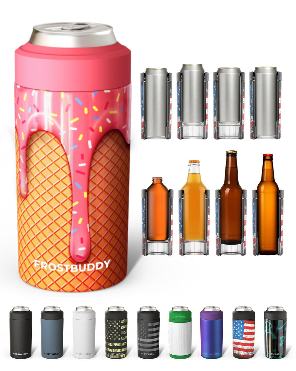 Frost Buddy Universal Buddy Can Cooler shows five sizes in one versatile sleeve.