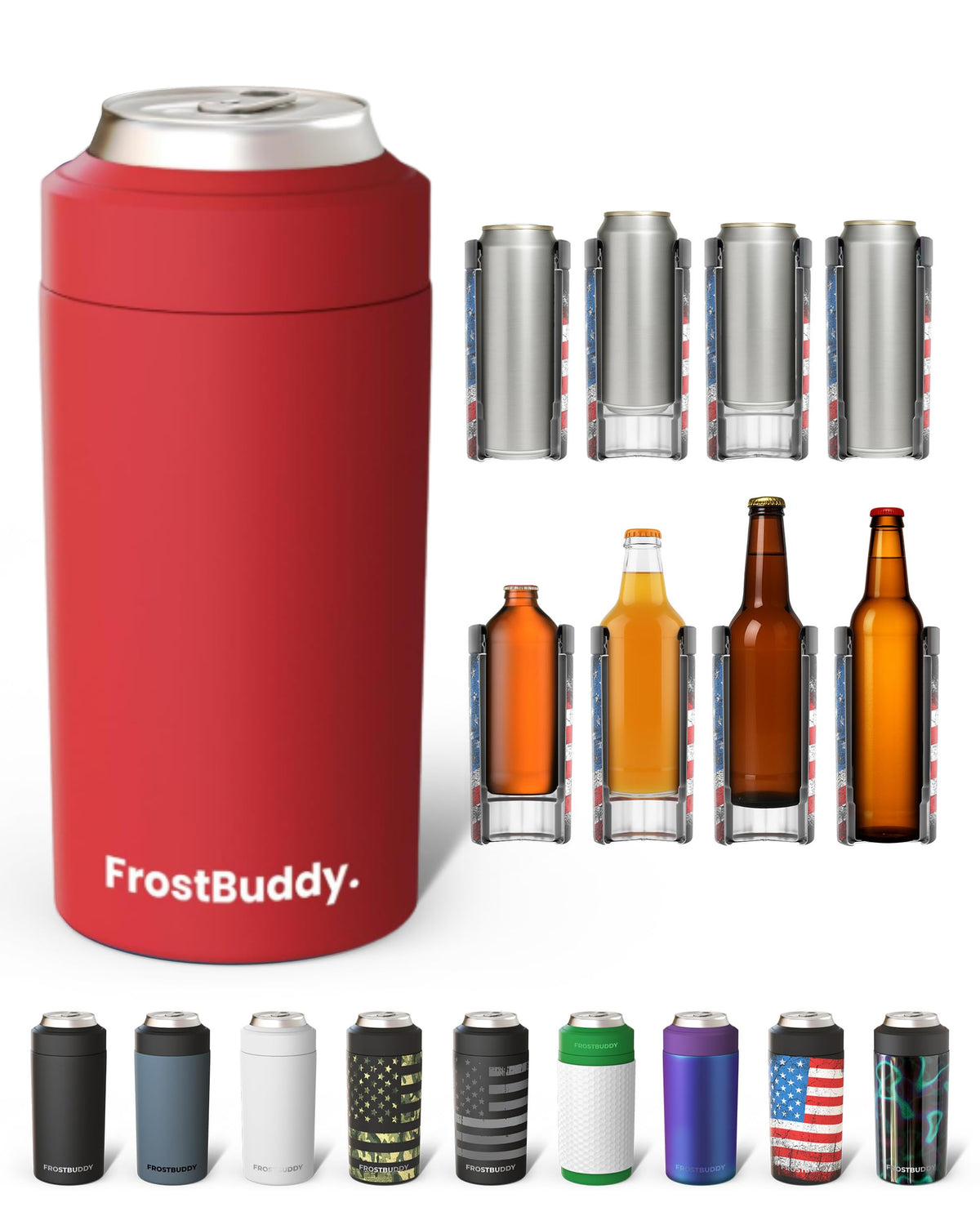 Frost Buddy Universal Can Cooler front view; fits 12oz, 16oz, and slim bottles for versatile cooling