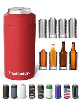 Frost Buddy Universal Can Cooler front view; fits 12oz, 16oz, and slim bottles for versatile cooling