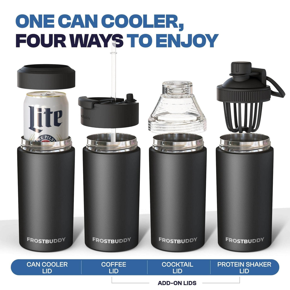Frost Buddy cooler with optional leak-proof lid supports spill-free sipping.