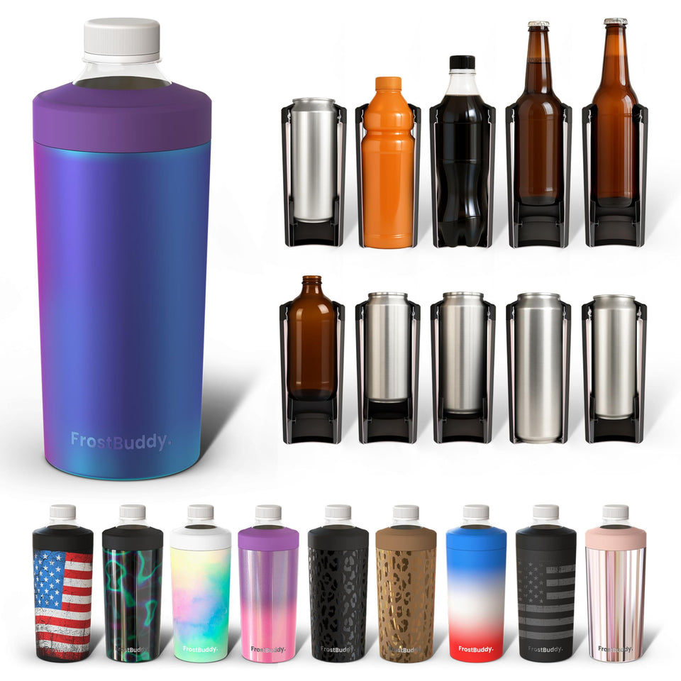 Frost Buddy Universal Buddy XL on table showing versatile fits for 12–24 oz drinks.