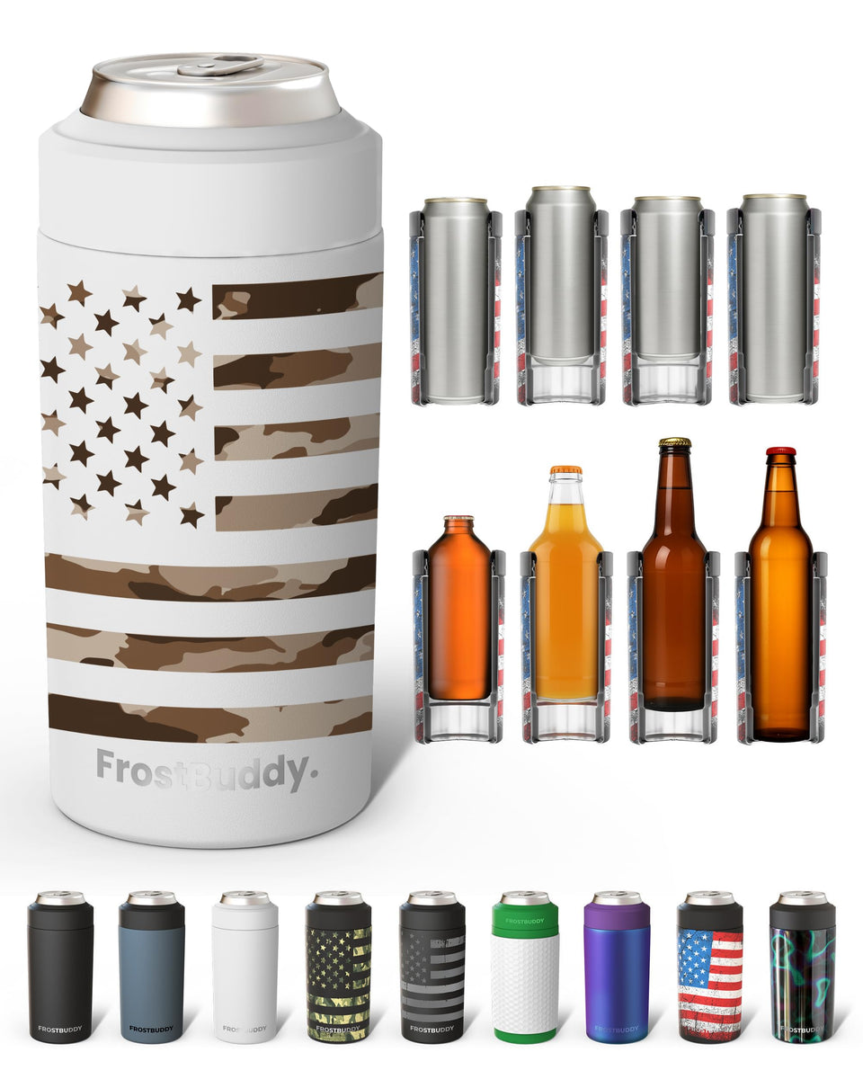 Frost Buddy universal can cooler fits 12oz regular cans for all-day cooling.