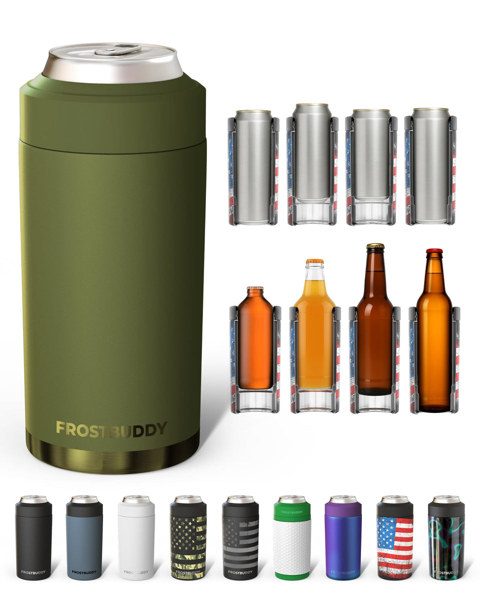 Frost Buddy universal cooler around a 12oz can for extended cold refreshment outdoors.