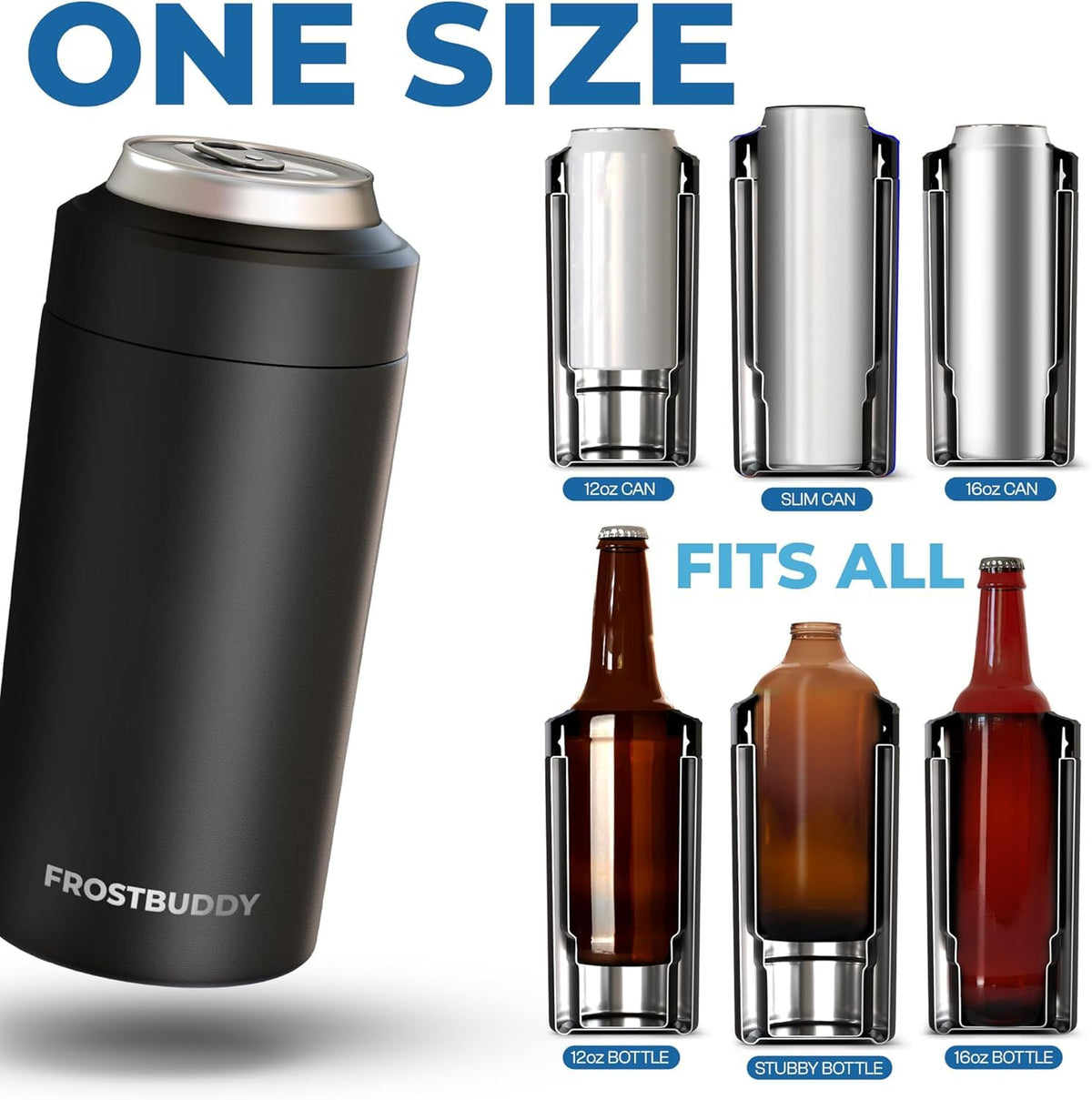 Frost Buddy fits 16oz cans and slim bottles for versatile outdoor use