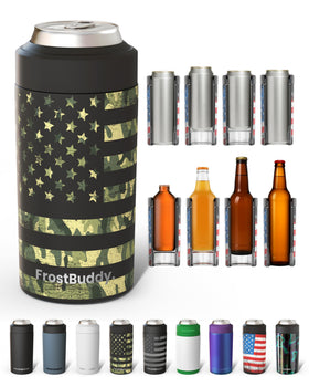 Frost Buddy universal can cooler camo side view, showcasing versatile fit for any drink size.