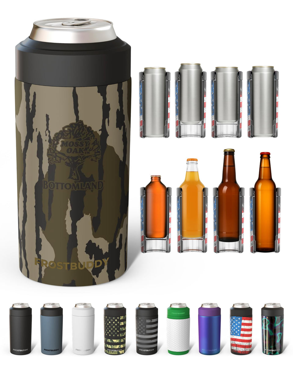 Frost Buddy universal can cooler five-sizes-in-one keeps 12 oz and 16 oz drinks cold.