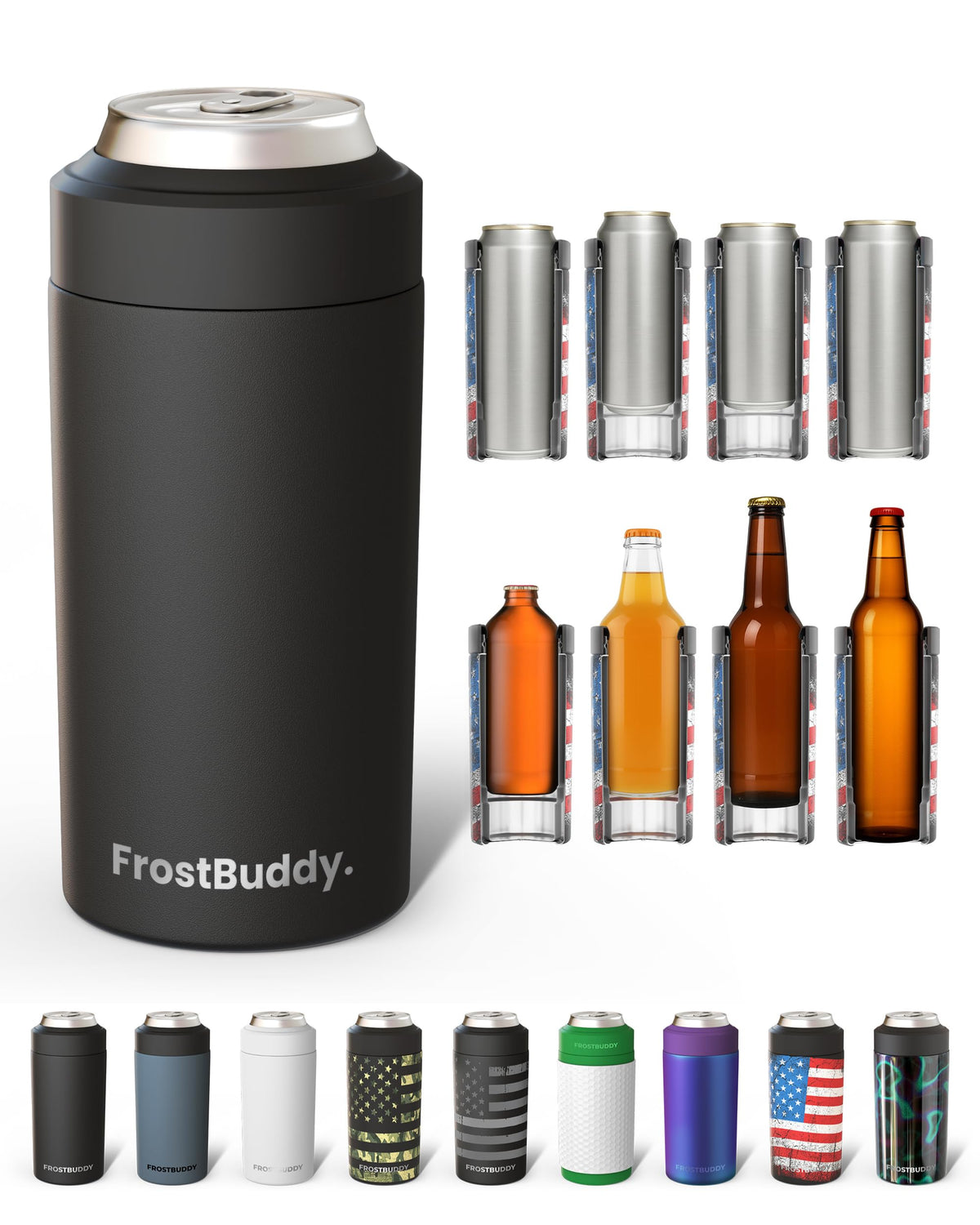 Frost Buddy universal can cooler demonstrates five-size versatility for cans and bottles.