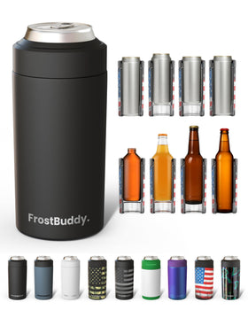Frost Buddy universal can cooler demonstrates five-size versatility for cans and bottles.