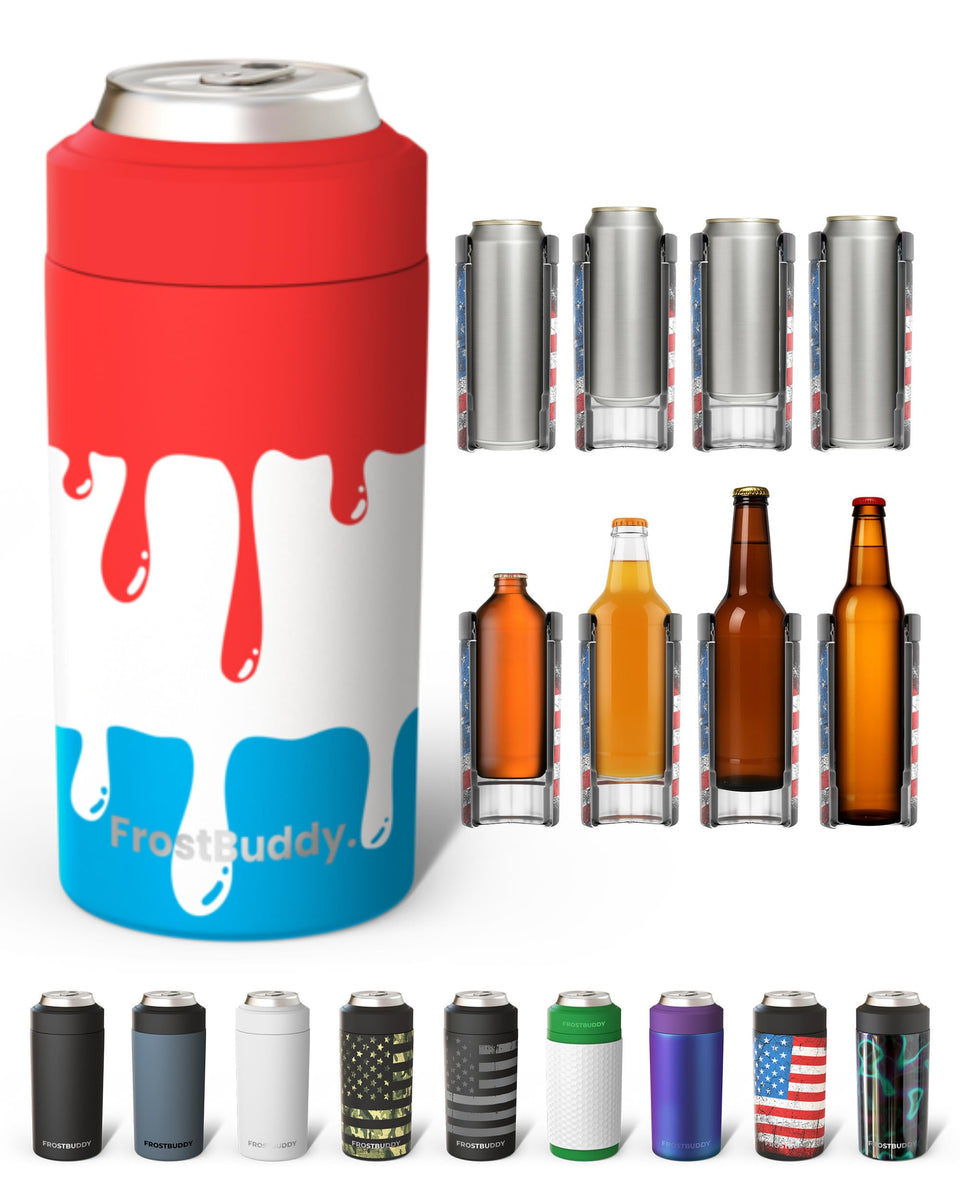 Frost Buddy universal can cooler front view keeps beverages cold on the go.