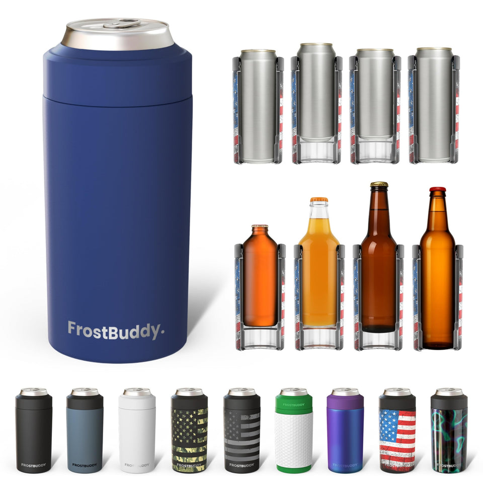 Frost Buddy universal can cooler in navy keeps drinks cool outdoors.