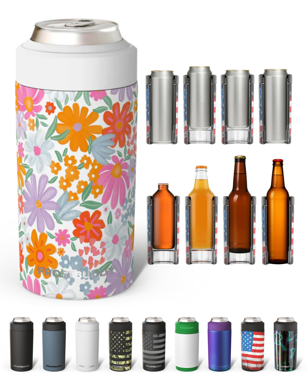 Frost Buddy universal can cooler side view showing five-size versatility for drinks