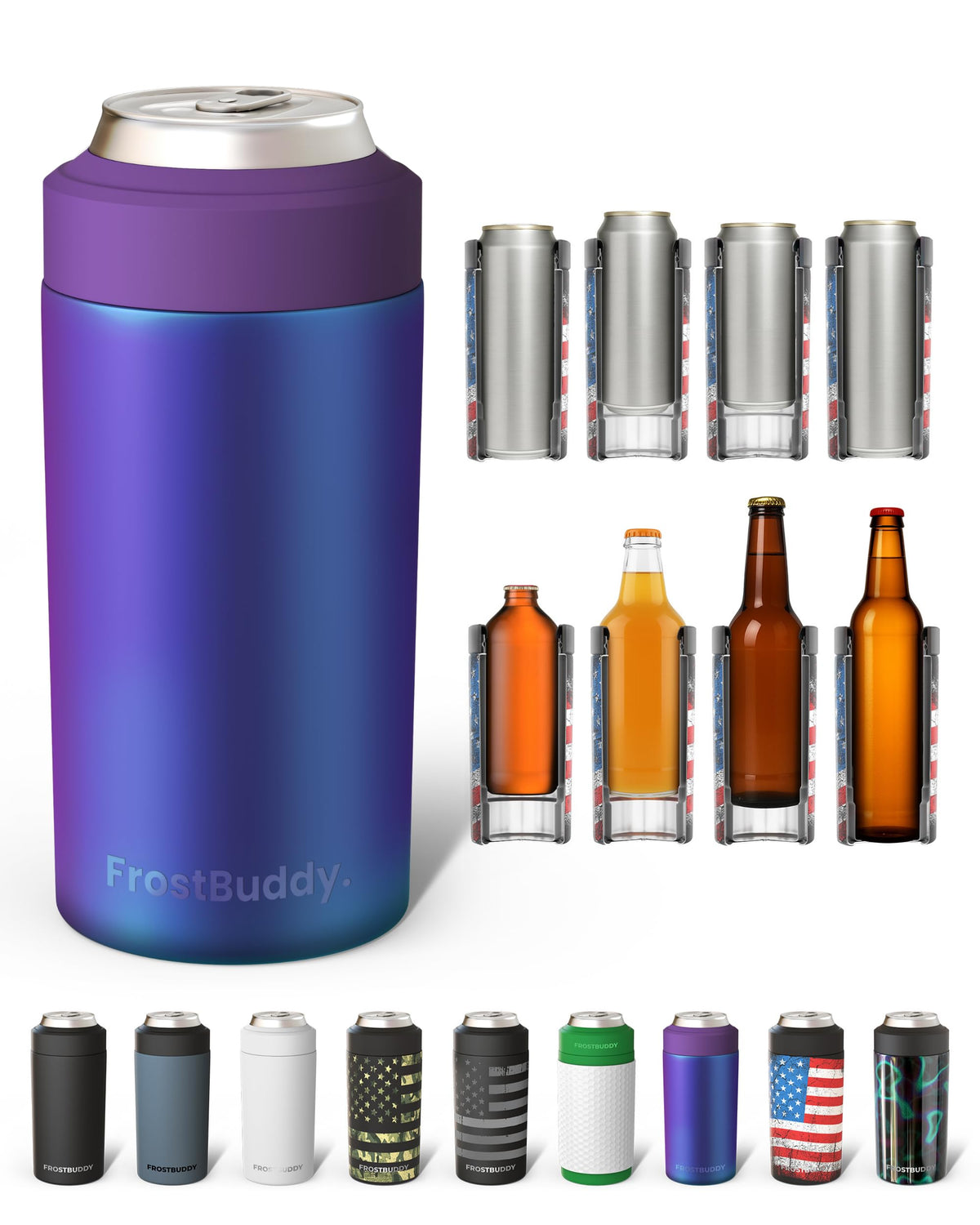 Frost Buddy universal cooler side view showing versatile design for drinks.