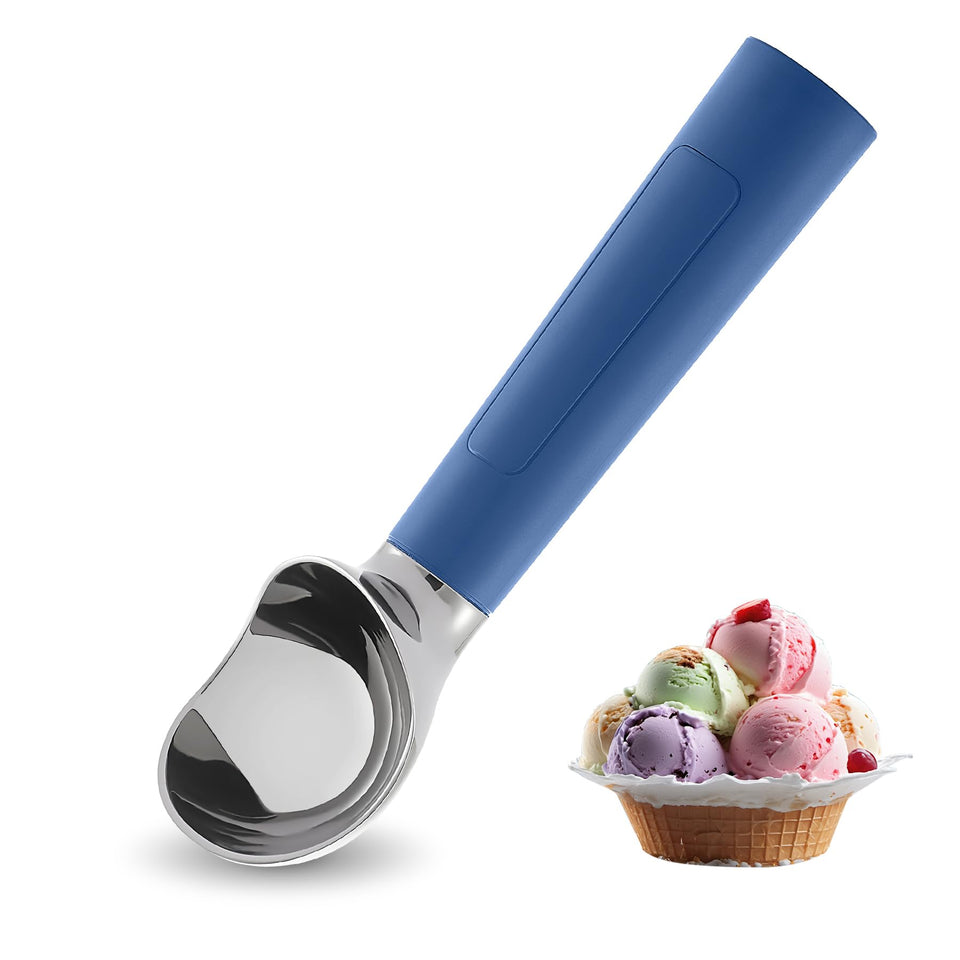 FrostJoy blue heated ice cream scoop in front view for easy hard ice cream scooping.