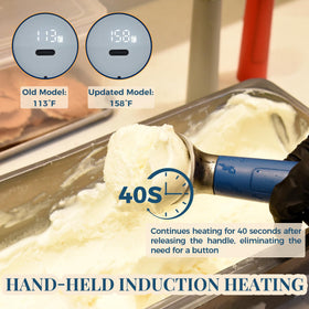 FrostJoy blue heated ice cream scoop with LED display showing temperature.