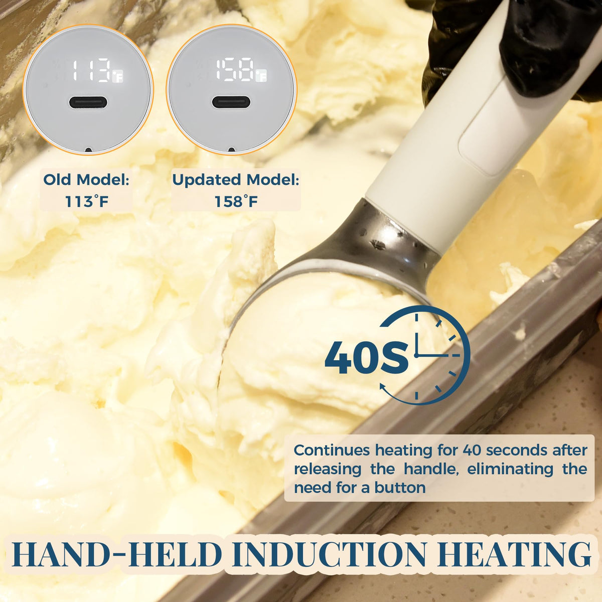 FrostJoy heated scoop in action gliding through ice cream