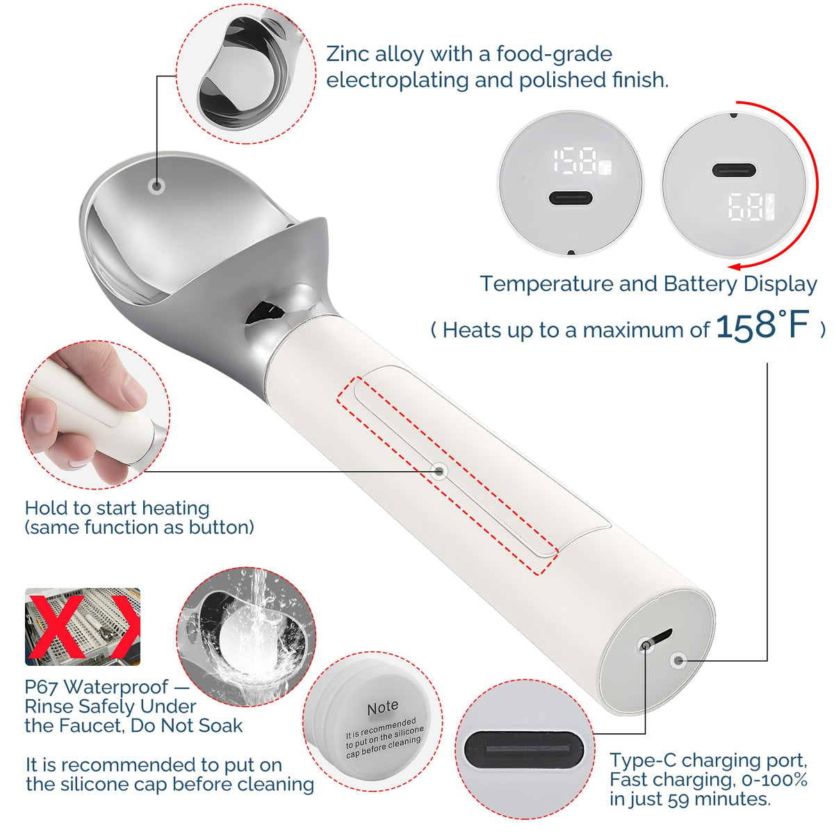 FrostJoy LED display on scoop shows temperature and battery