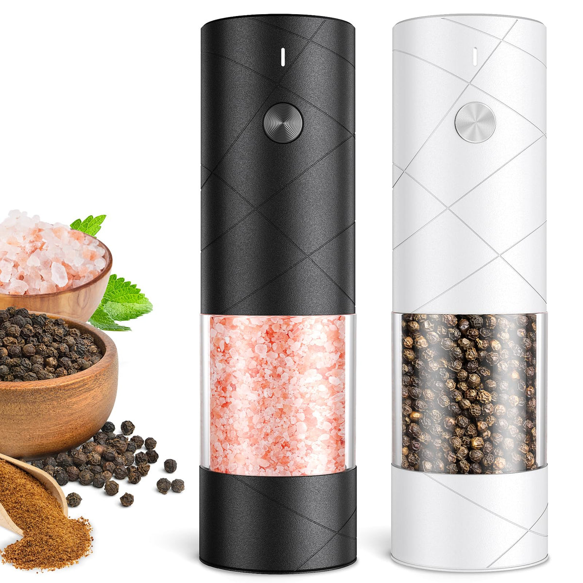 FRTONYI electric salt and pepper grinder front view showing sleek design and accessibility.