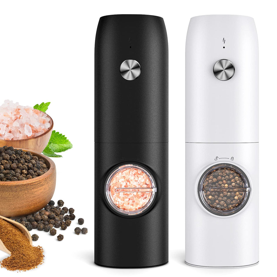 FRTONYI electric salt and pepper grinders shown with charging base for uninterrupted seasoning.