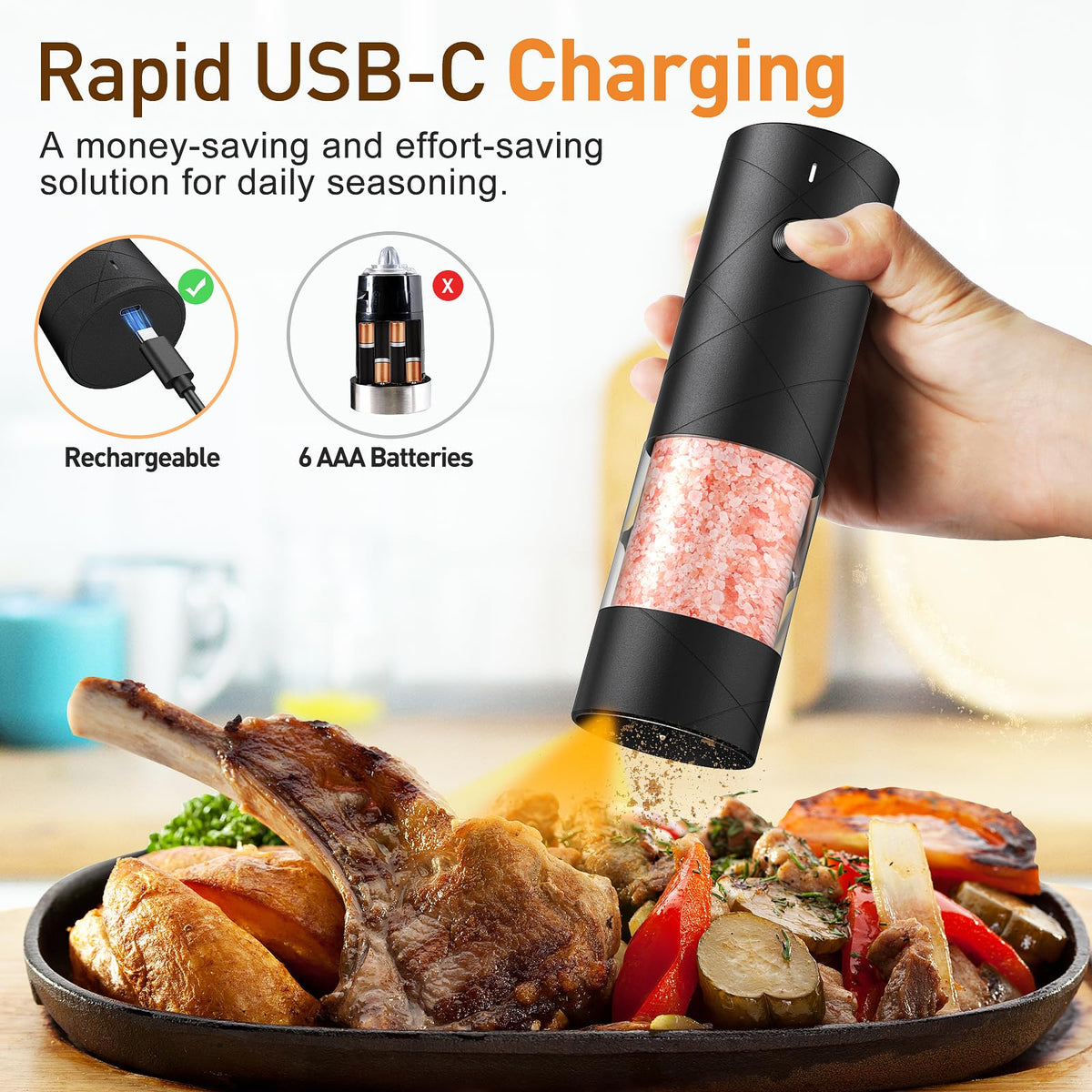FRTONYI rechargeable pepper grinder with LED light for accurate peppering during meals.