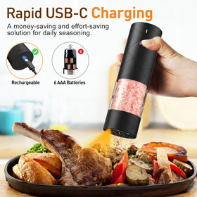 FRTONYI rechargeable pepper grinder with LED light for accurate peppering during meals.
