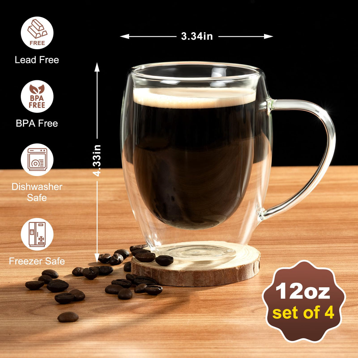 FrutPunch double-wall glass mug 12oz side view highlights clear, condensation-free surface.