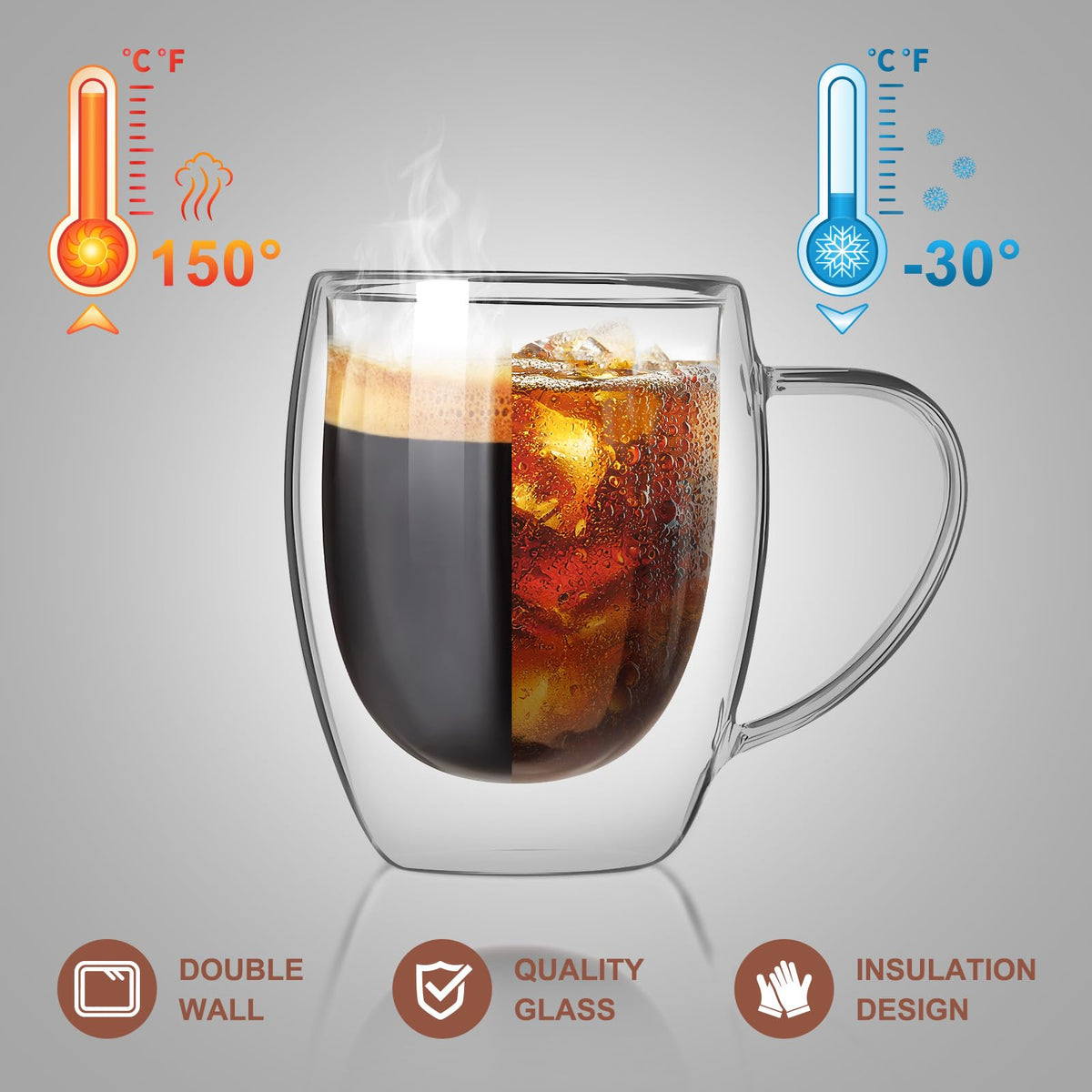FrutPunch glass mug with coffee floating visually conveys a premium, airy feel.