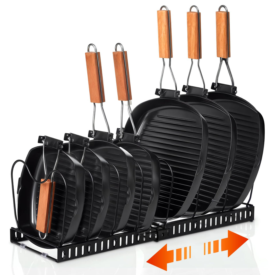 FrutPunch pots and pans organizer under cabinet keeps cookware organized and accessible.