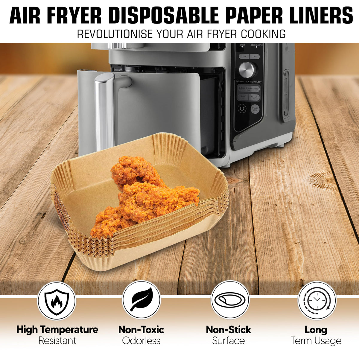 FryEasy nonstick-coated liners promote easy release of crispy foods.