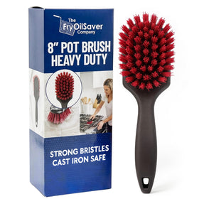 FryOilSaver 8-inch scrub brush close-up shows a secure grip for powerful scrubbing