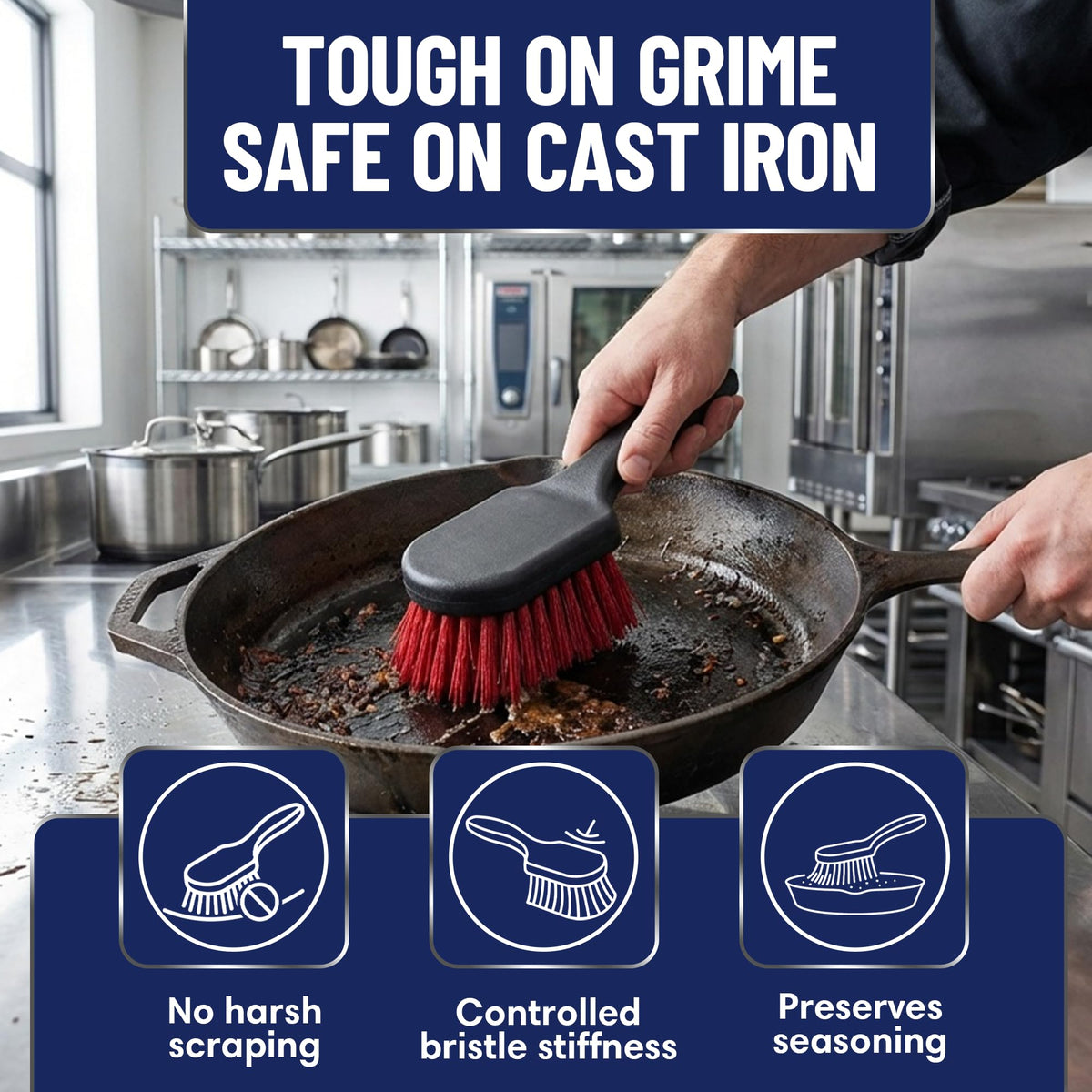 FryOilSaver durable nylon bristles resist wear during scrubbing